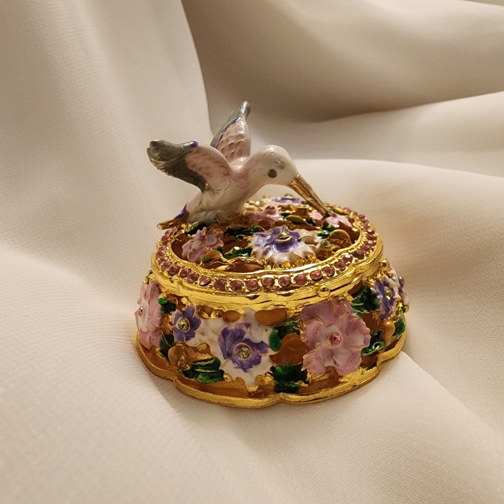 Hummingbird Floral Trinket Jewelry Box Proposal Ring Rhinestone Enamel Bridal